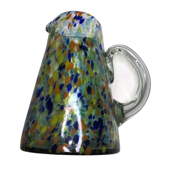 Speckled Glass Juice Water Pitcher, Multicolor, Green Orange Blue with Handle 9"